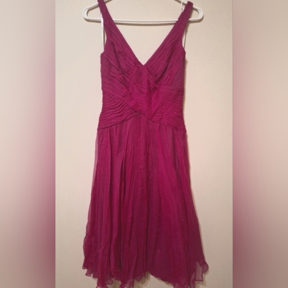 Anthropologie Tadashi Shoji Magenta 100% Silk Shutter Pleat Dress 0 - Picture 2 of 5